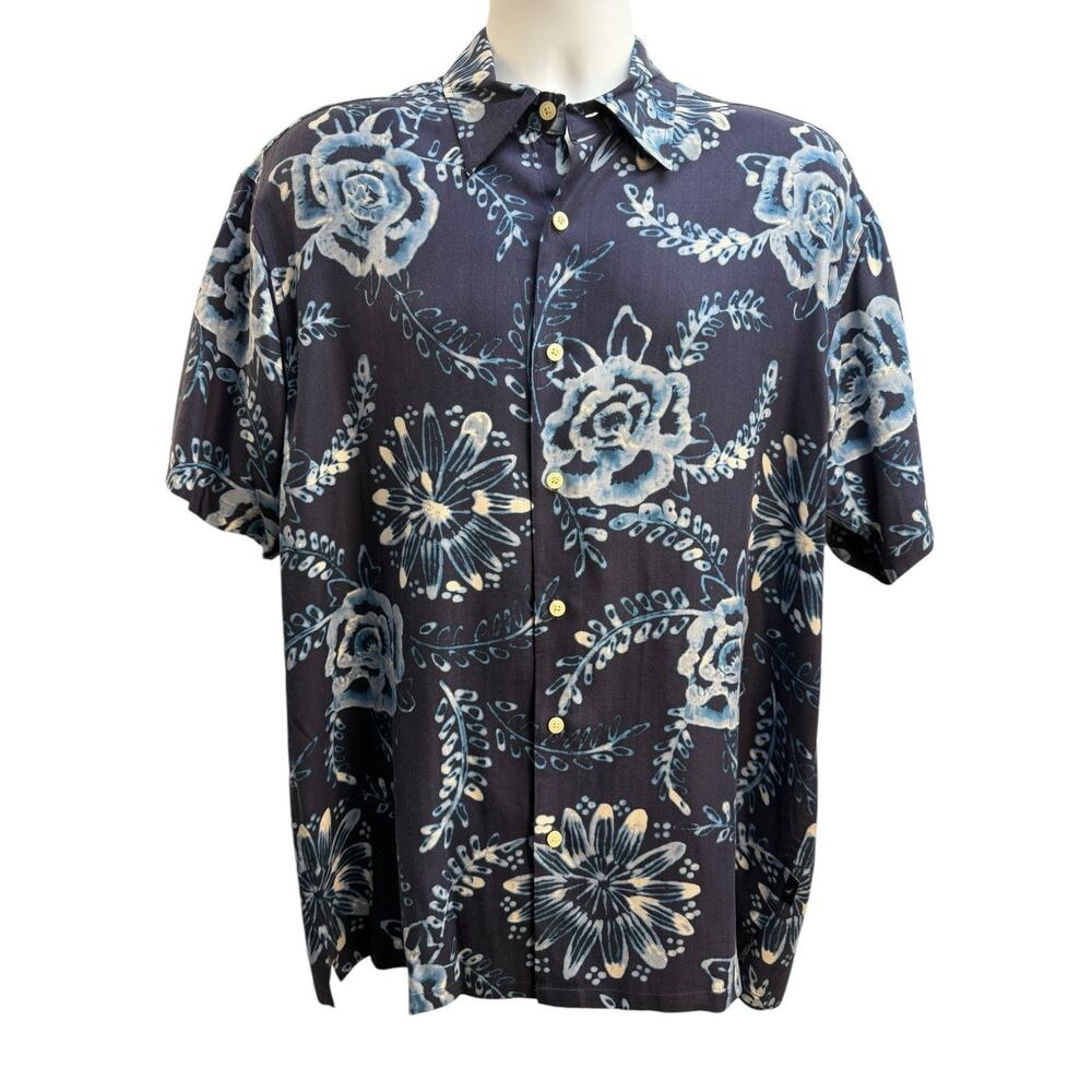 Nautica 100% Silk Button Down Shirt Hawaiian Floral Print Navy Blue Men's Sz L